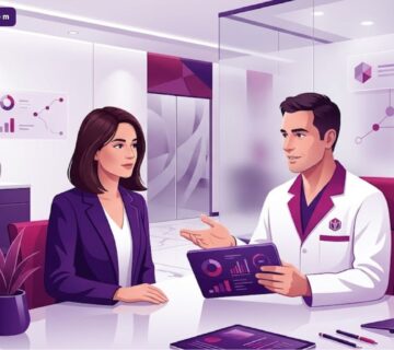 رسم توضيحي عصري لعيادة طبية فاخرة يشرح فيها الطبيب تفاصيل تكاليف عملية زراعة الشعر للمريض 