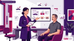 رسم توضيحي يظهر طبيباً يشرح خيارات تكثيف الشنب لمريض داخل عيادة فاخرة بألوان عصرية 