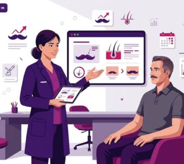 رسم توضيحي يظهر طبيباً يشرح خيارات تكثيف الشنب لمريض داخل عيادة فاخرة بألوان عصرية 