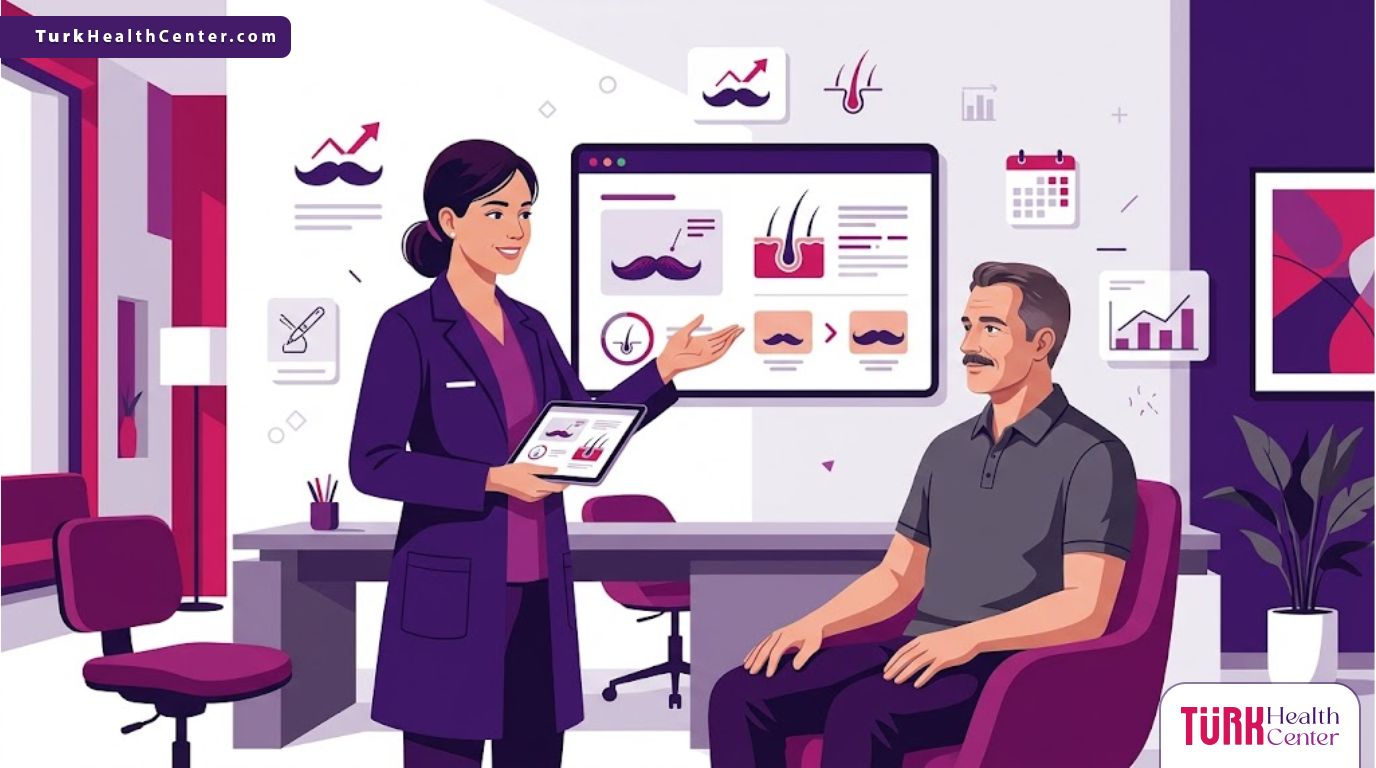 رسم توضيحي يظهر طبيباً يشرح خيارات تكثيف الشنب لمريض داخل عيادة فاخرة بألوان عصرية 