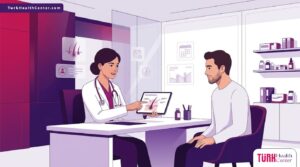 رسوم توضيحية فاخرة تظهر طبيباً يشرح عملية تكثيف شعر الذقن لمريض داخل عيادة عصرية متطورة 