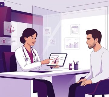 رسوم توضيحية فاخرة تظهر طبيباً يشرح عملية تكثيف شعر الذقن لمريض داخل عيادة عصرية متطورة 