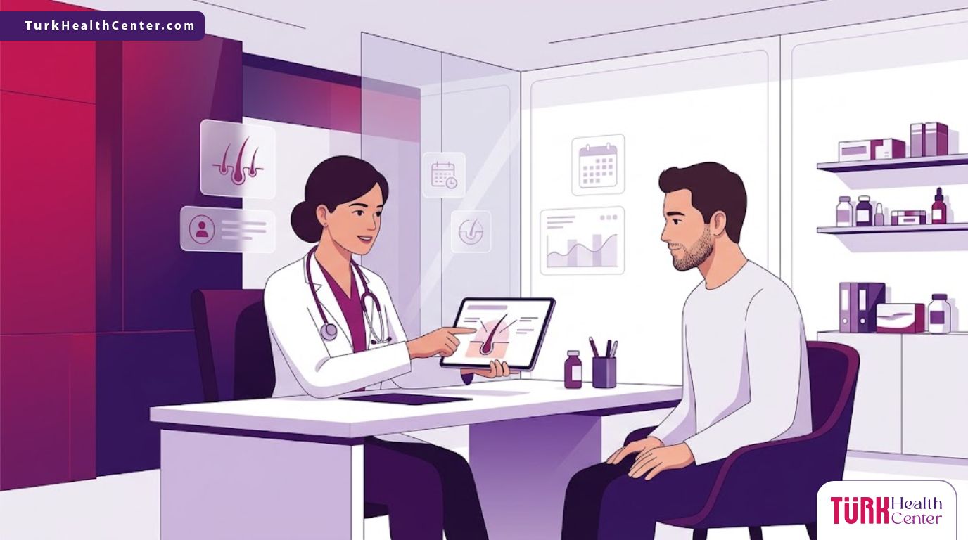 رسوم توضيحية فاخرة تظهر طبيباً يشرح عملية تكثيف شعر الذقن لمريض داخل عيادة عصرية متطورة 