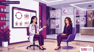 رسم توضيحي يظهر طبيب يشرح تقنيات تكثيف شعر الرأس لمريض في عيادة فاخرة 