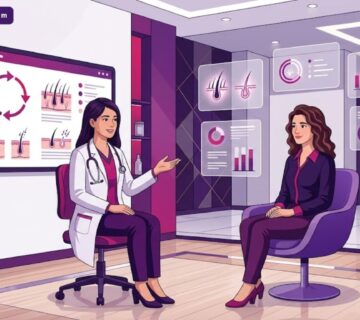 رسم توضيحي يظهر طبيب يشرح تقنيات تكثيف شعر الرأس لمريض في عيادة فاخرة 