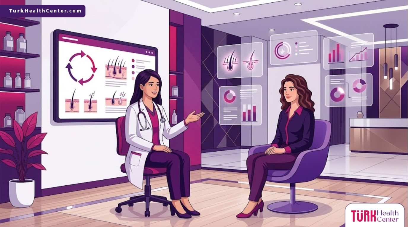 رسم توضيحي يظهر طبيب يشرح تقنيات تكثيف شعر الرأس لمريض في عيادة فاخرة 