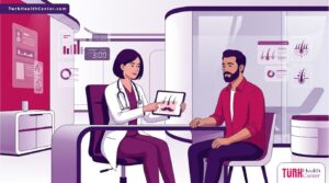 رسم توضيحي فيكتور لعيادة طبية حديثة تشرح تقنيات تكثيف شعر الشارب بأسلوب فني راقٍ 