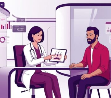 رسم توضيحي فيكتور لعيادة طبية حديثة تشرح تقنيات تكثيف شعر الشارب بأسلوب فني راقٍ 