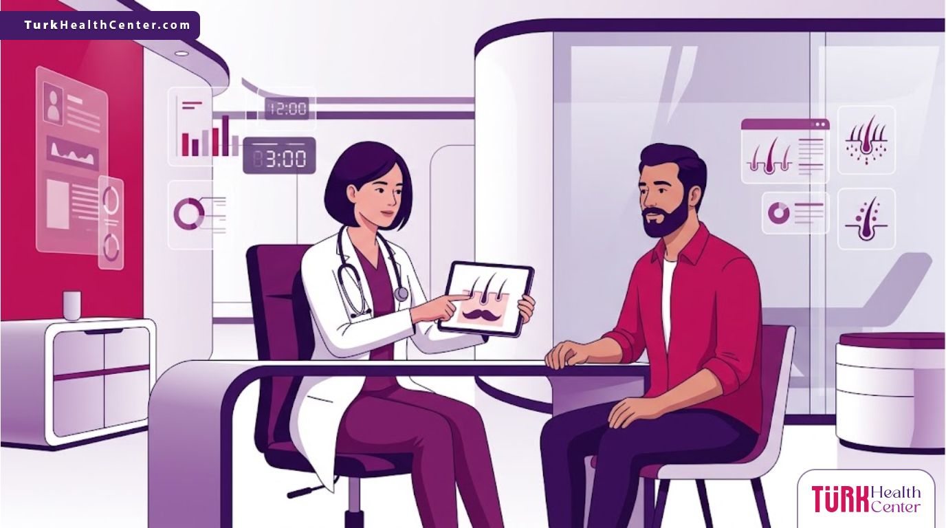 رسم توضيحي فيكتور لعيادة طبية حديثة تشرح تقنيات تكثيف شعر الشارب بأسلوب فني راقٍ 