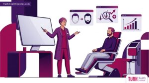 رسم توضيحي يظهر طبيب يشرح عملية تكثيف شعر اللحية لمريض في عيادة فاخرة 