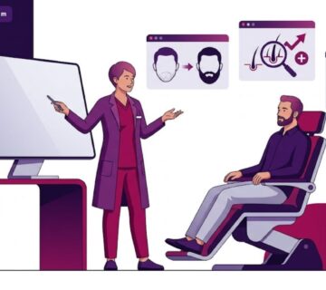 رسم توضيحي يظهر طبيب يشرح عملية تكثيف شعر اللحية لمريض في عيادة فاخرة 