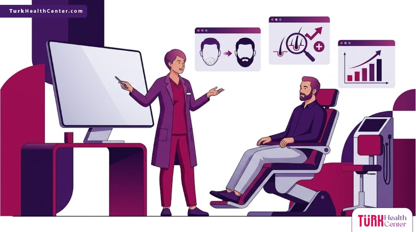 رسم توضيحي يظهر طبيب يشرح عملية تكثيف شعر اللحية لمريض في عيادة فاخرة 