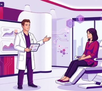 رسم توضيحي يظهر طبيبًا يشرح تفاصيل تكلفة نحت البطن وإبراز العضلات لمريض في عيادة فاخرة بألوان البنفسجي والمجنتيا 