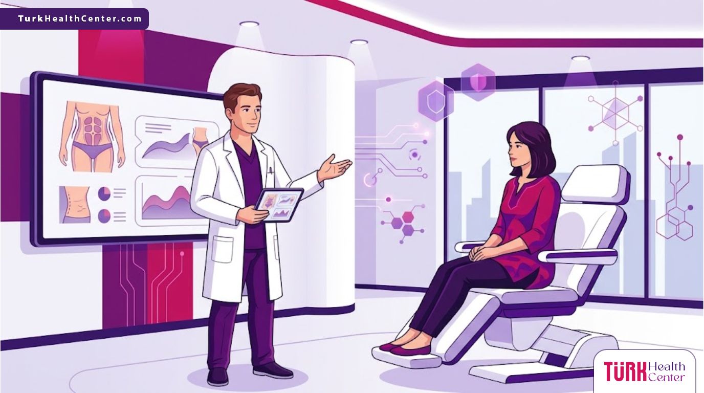 رسم توضيحي يظهر طبيبًا يشرح تفاصيل تكلفة نحت البطن وإبراز العضلات لمريض في عيادة فاخرة بألوان البنفسجي والمجنتيا 