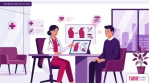 رسم توضيحي يوضح استشارة طبية حول تكلفة إزالة التثدي عند الرجال في عيادة حديثة 