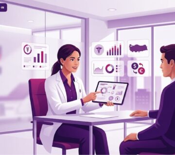 رسم توضيحي عصري يظهر طبيباً يشرح إجراءات تكلفة الشد بالبلازما في تركيا لمريض داخل عيادة فاخرة 