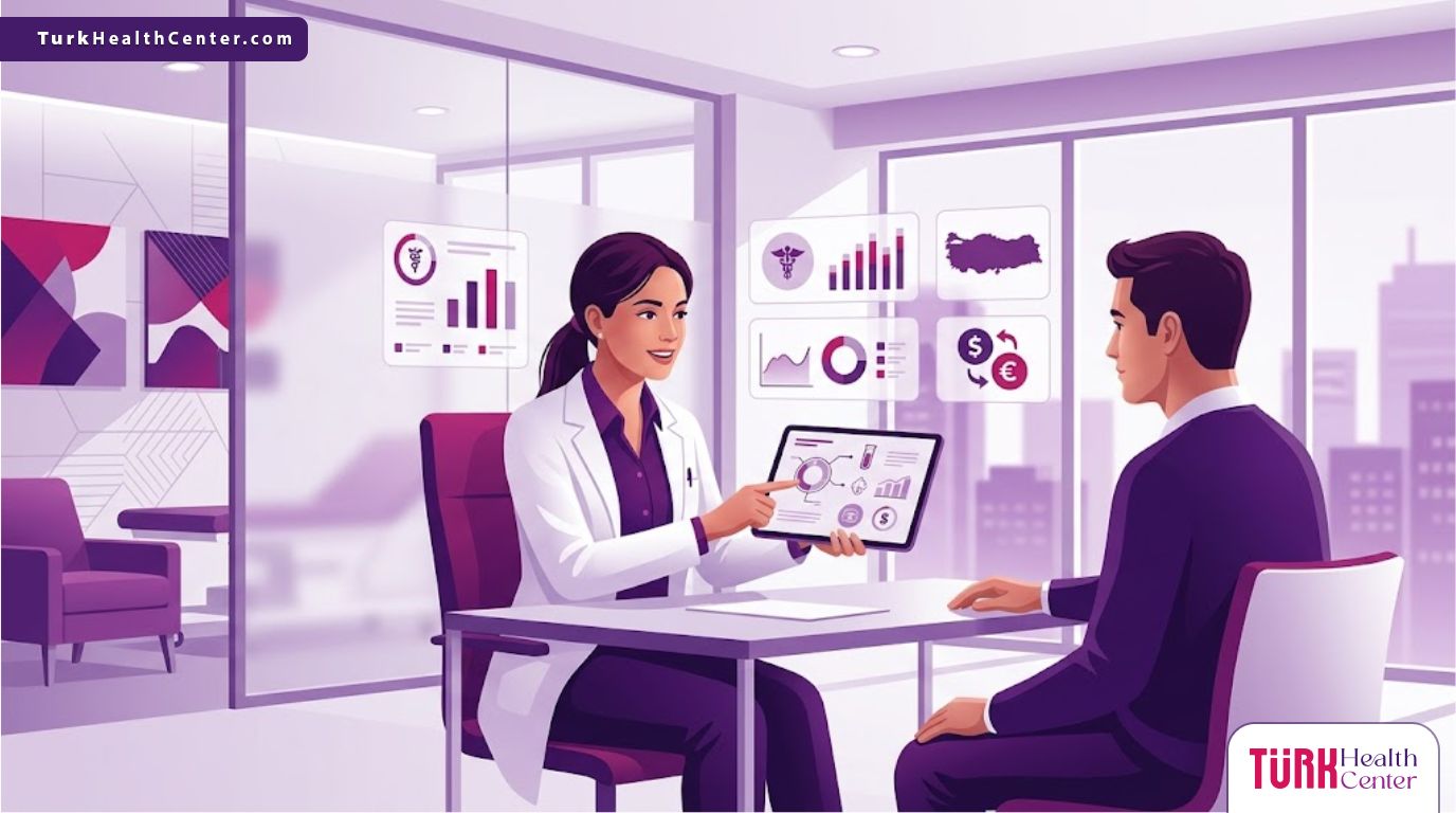 رسم توضيحي عصري يظهر طبيباً يشرح إجراءات تكلفة الشد بالبلازما في تركيا لمريض داخل عيادة فاخرة 