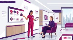 رسم توضيحي يظهر طبيب يشرح تفاصيل تكلفة تجميل الثدي في تركيا لمريضة في عيادة عصرية فاخرة 