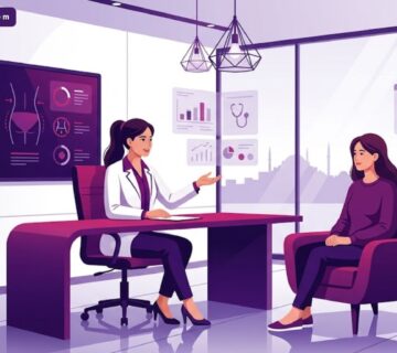 رسم توضيحي عصري لطبيب يشرح تفاصيل تكلفة تجميل الجسم في تركيا لمريض داخل عيادة فاخرة 