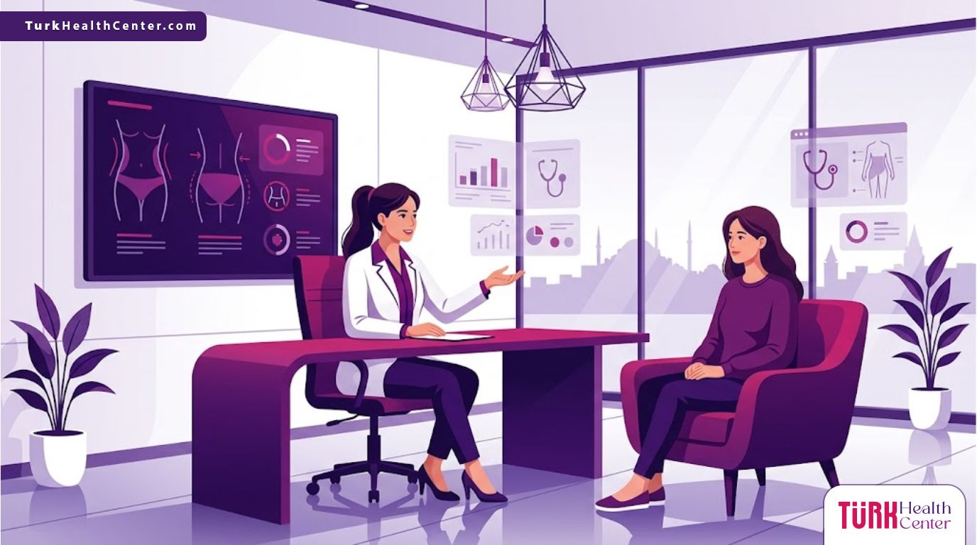 رسم توضيحي عصري لطبيب يشرح تفاصيل تكلفة تجميل الجسم في تركيا لمريض داخل عيادة فاخرة 