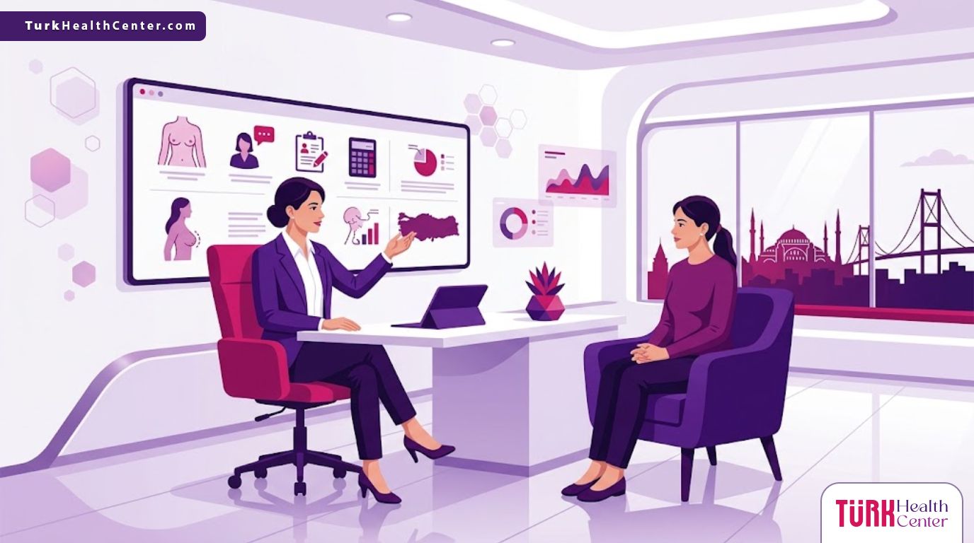 رسوم توضيحية لعيادة طبية حديثة تناقش تكلفة ترميم الثدي في تركيا مع طبيب مختص 