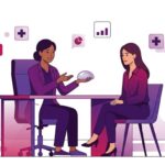 رسم توضيحي يظهر طبيب يشرح تفاصيل تكلفة تكبير الثدي بالسيليكون لمريضة في عيادة فاخرة بألوان الماجنتا والبنفسجي 