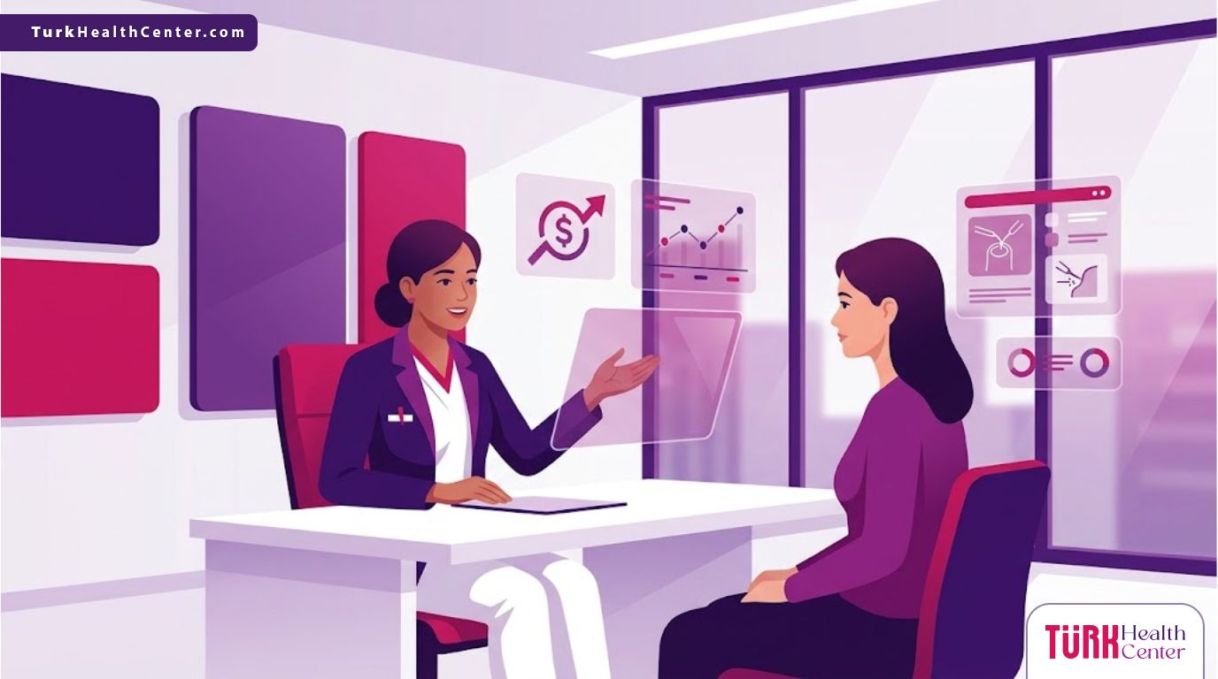 رسم توضيحي يظهر طبيب يشرح خيارات تكلفة تكبير الثدي بدون جراحة للمريضة داخل عيادة عصرية بلمسات أرجوانية فاخرة