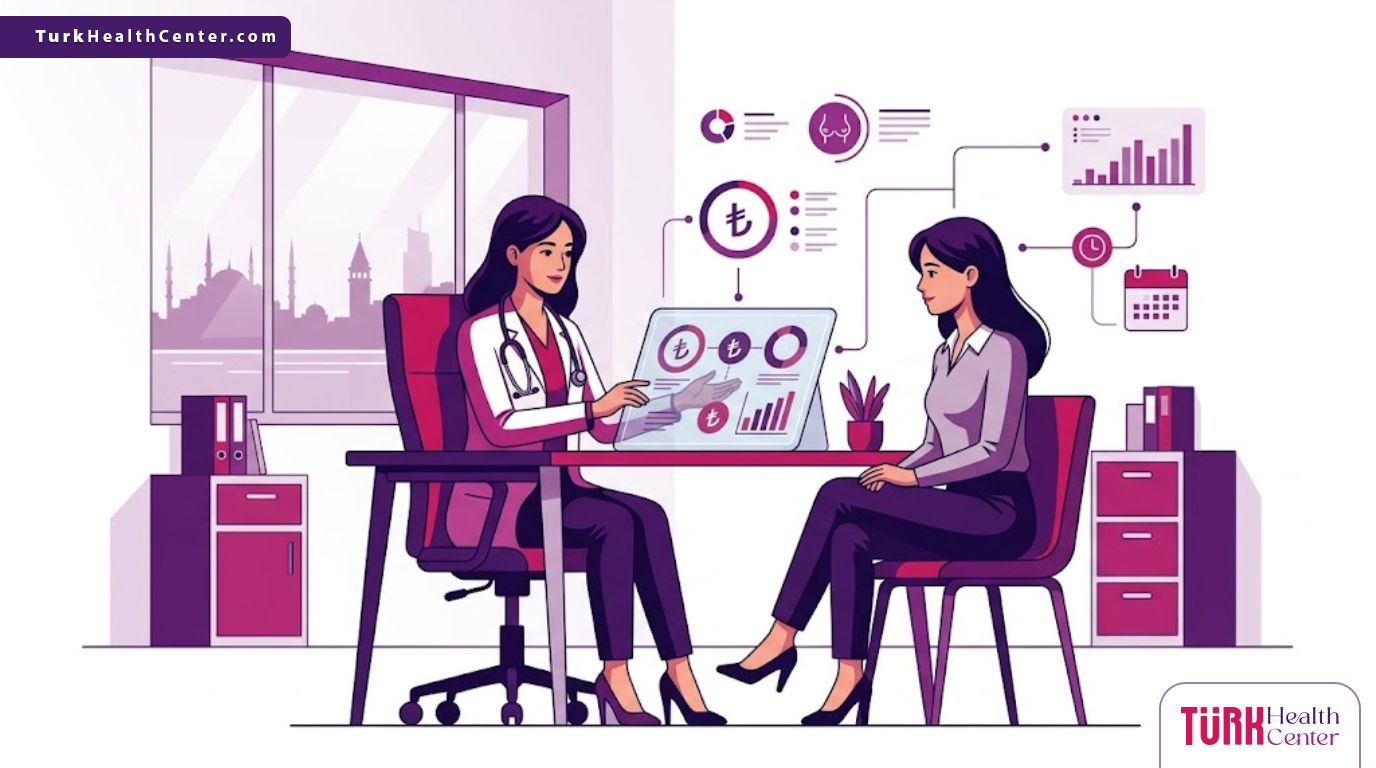 رسم توضيحي فني لطبيب يشرح إجراءات تكلفة تكبير الثديين في تركيا لمريضة في عيادة فاخرة 