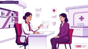 رسوم توضيحية لعيادة تجميل فخمة تشرح فيها الطبيبة تكلفة تكبير الصدر بالسيليكون للمريضة 