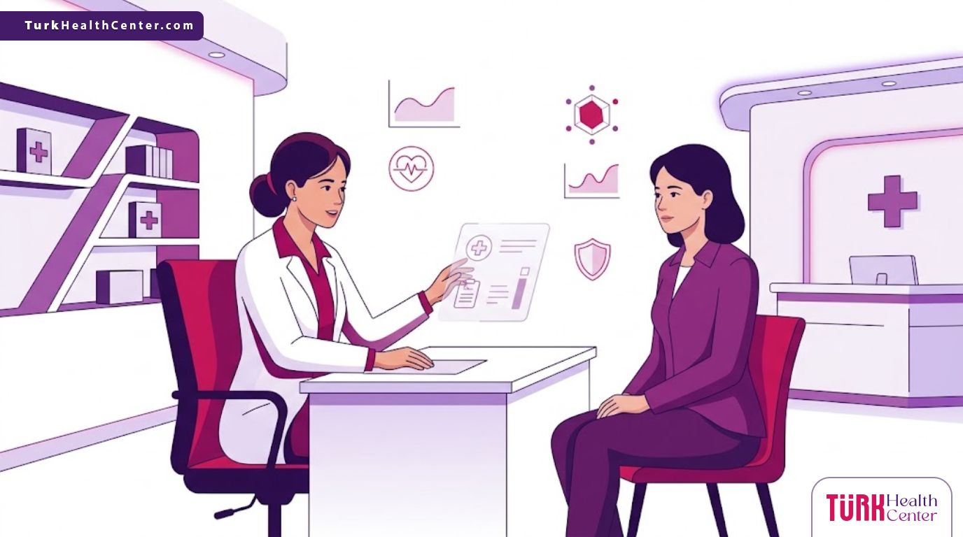 رسوم توضيحية لعيادة تجميل فخمة تشرح فيها الطبيبة تكلفة تكبير الصدر بالسيليكون للمريضة