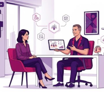 رسوم توضيحية فاخرة لطبيب يشرح تفاصيل تكلفة زراعة الشعر لمريض في عيادة حديثة 