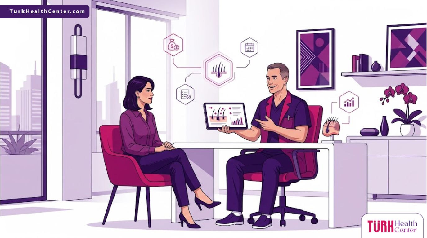 رسوم توضيحية فاخرة لطبيب يشرح تفاصيل تكلفة زراعة الشعر لمريض في عيادة حديثة 