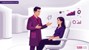 رسم توضيحي يظهر طبيب يشرح تفاصيل تكلفة زراعة الشعر للنساء داخل عيادة فاخرة بأسلوب فكتور عصري 