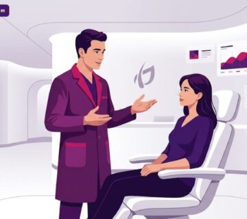 رسم توضيحي يظهر طبيب يشرح تفاصيل تكلفة زراعة الشعر للنساء داخل عيادة فاخرة بأسلوب فكتور عصري 