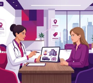 رسم توضيحي يظهر طبيب يشرح باقة تكلفة زراعة الشعر مع فندق ومواصلات لمريض في عيادة عصرية 