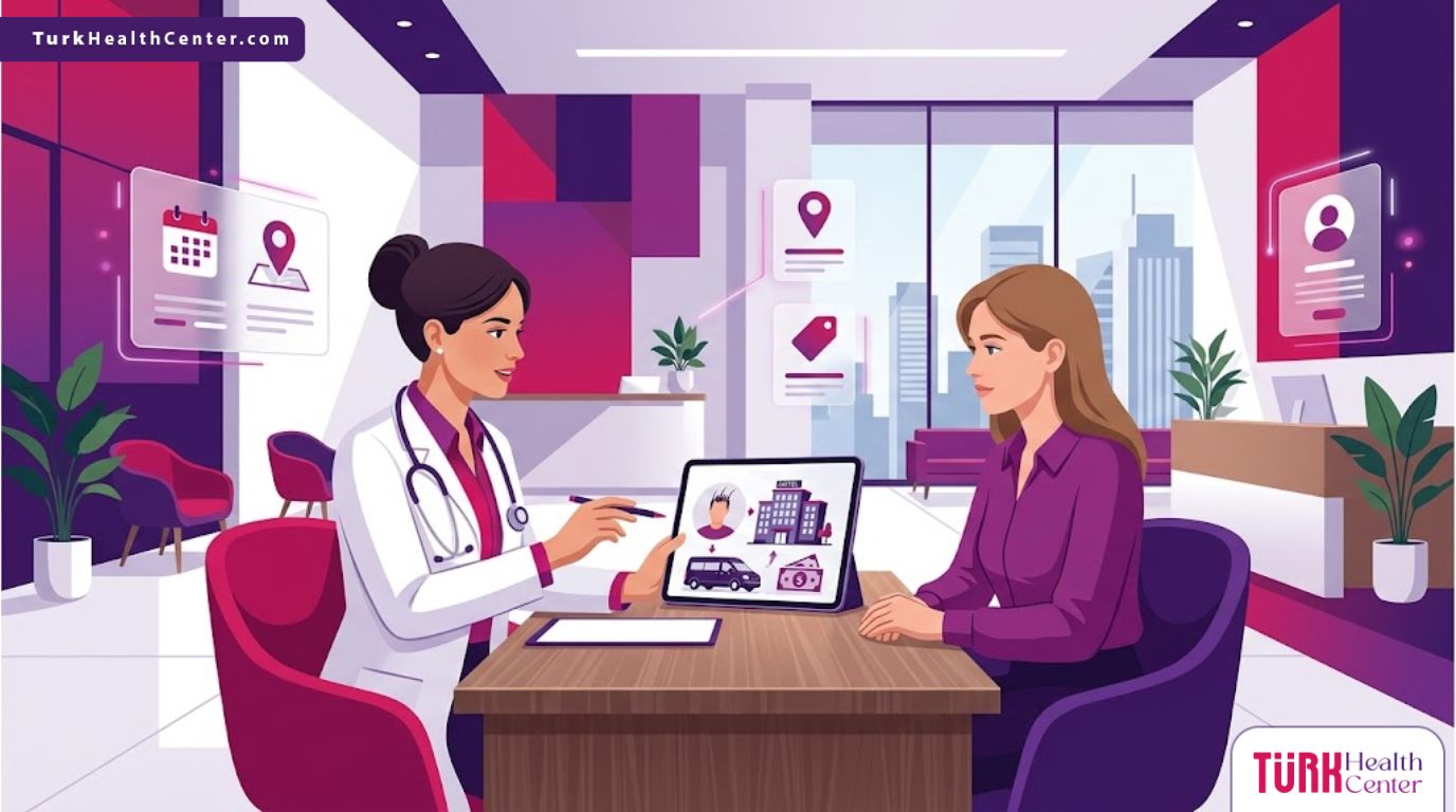 رسم توضيحي يظهر طبيب يشرح باقة تكلفة زراعة الشعر مع فندق ومواصلات لمريض في عيادة عصرية 