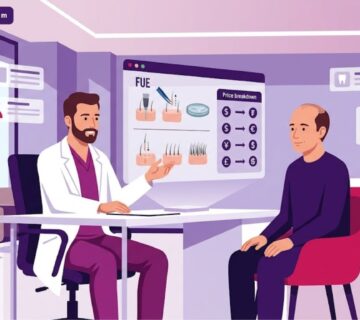 رسم توضيحي يظهر طبيب يشرح تفاصيل تكلفة زراعة الشعر من دون خدمات لمريض في عيادة حديثة 