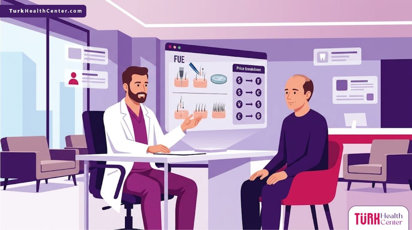 رسم توضيحي يظهر طبيب يشرح تفاصيل تكلفة زراعة الشعر من دون خدمات لمريض في عيادة حديثة 