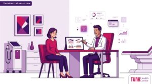 رسم توضيحي يظهر طبيب يشرح تفاصيل تكلفة زراعة شعر الحواجب لمريض في عيادة فاخرة 