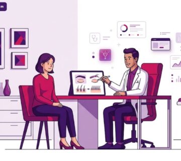 رسم توضيحي يظهر طبيب يشرح تفاصيل تكلفة زراعة شعر الحواجب لمريض في عيادة فاخرة 