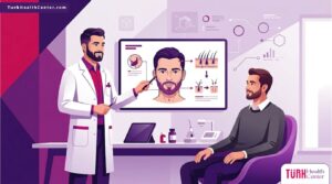 رسم توضيحي يظهر طبيب يشرح تفاصيل تكلفة زراعة شعر الذقن لمريض داخل عيادة فاخرة بألوان أرجوانية عصرية 