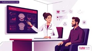 رسم توضيحي يظهر طبيب يشرح تفاصيل تكلفة زراعة شعر اللحية للمريض داخل عيادة فاخرة بألوان أرجوانية عصرية 