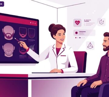 رسم توضيحي يظهر طبيب يشرح تفاصيل تكلفة زراعة شعر اللحية للمريض داخل عيادة فاخرة بألوان أرجوانية عصرية 