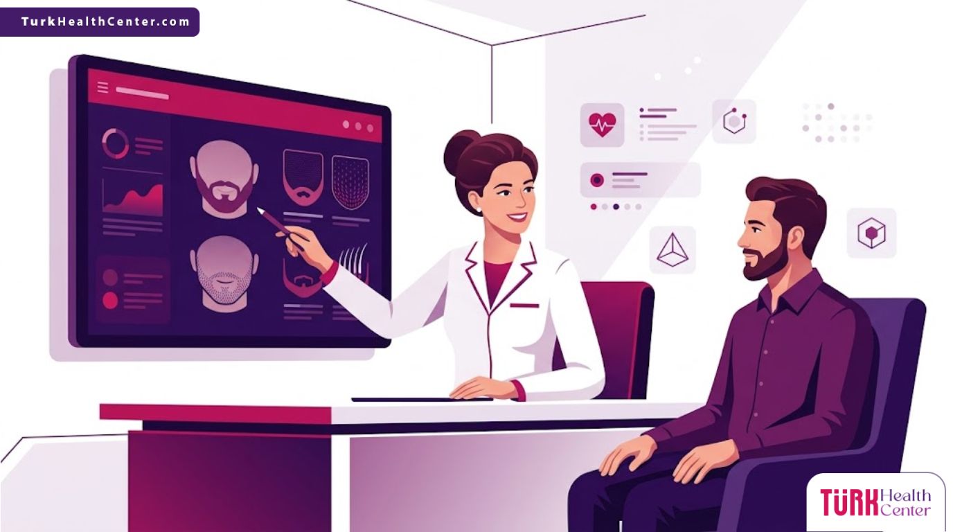 رسم توضيحي يظهر طبيب يشرح تفاصيل تكلفة زراعة شعر اللحية للمريض داخل عيادة فاخرة بألوان أرجوانية عصرية 