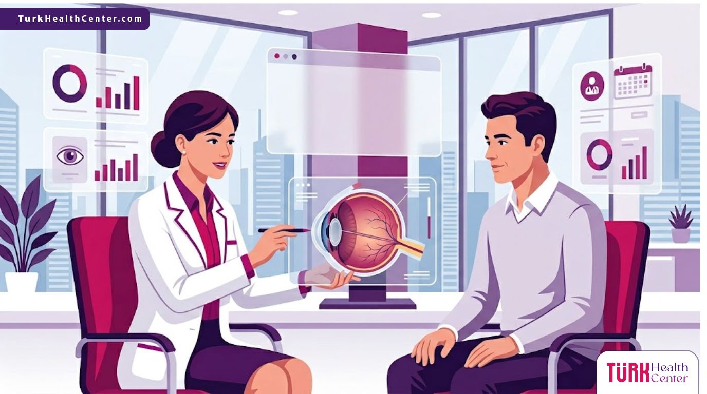 رسم توضيحي يظهر طبيباً يشرح تفاصيل تكلفة زراعة عدسة متعددة البؤر في تركيا لمريض في عيادة عصرية 