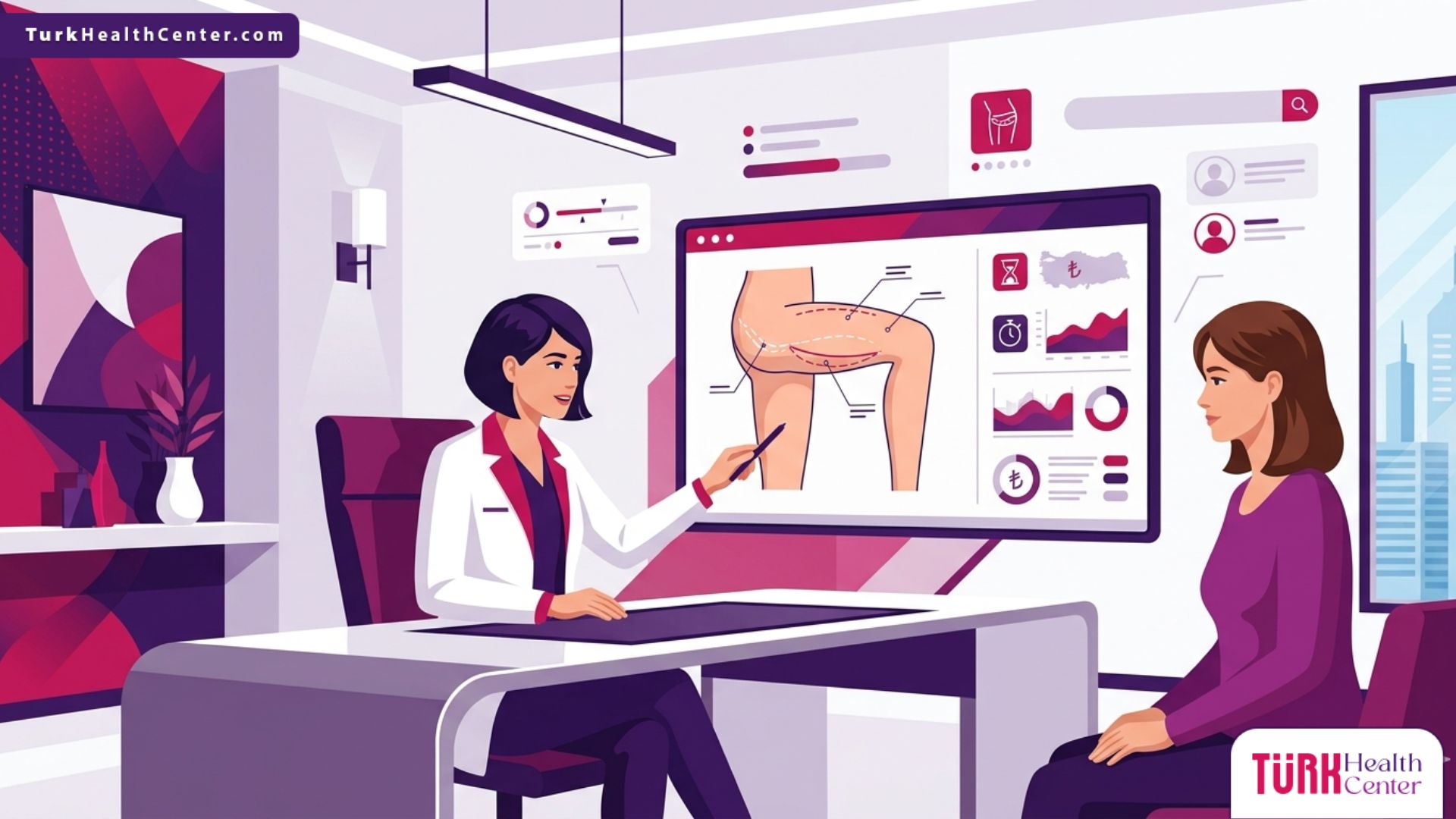 رسم توضيحي يظهر طبيباً يشرح تفاصيل تكلفة شد الأفخاذ في تركيا لمريض داخل عيادة تجميل حديثة