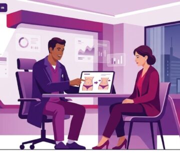 رسم توضيحي يظهر طبيب يشرح تفاصيل تكلفة شد البطن الكامل في تركيا لمريض داخل عيادة فاخرة 