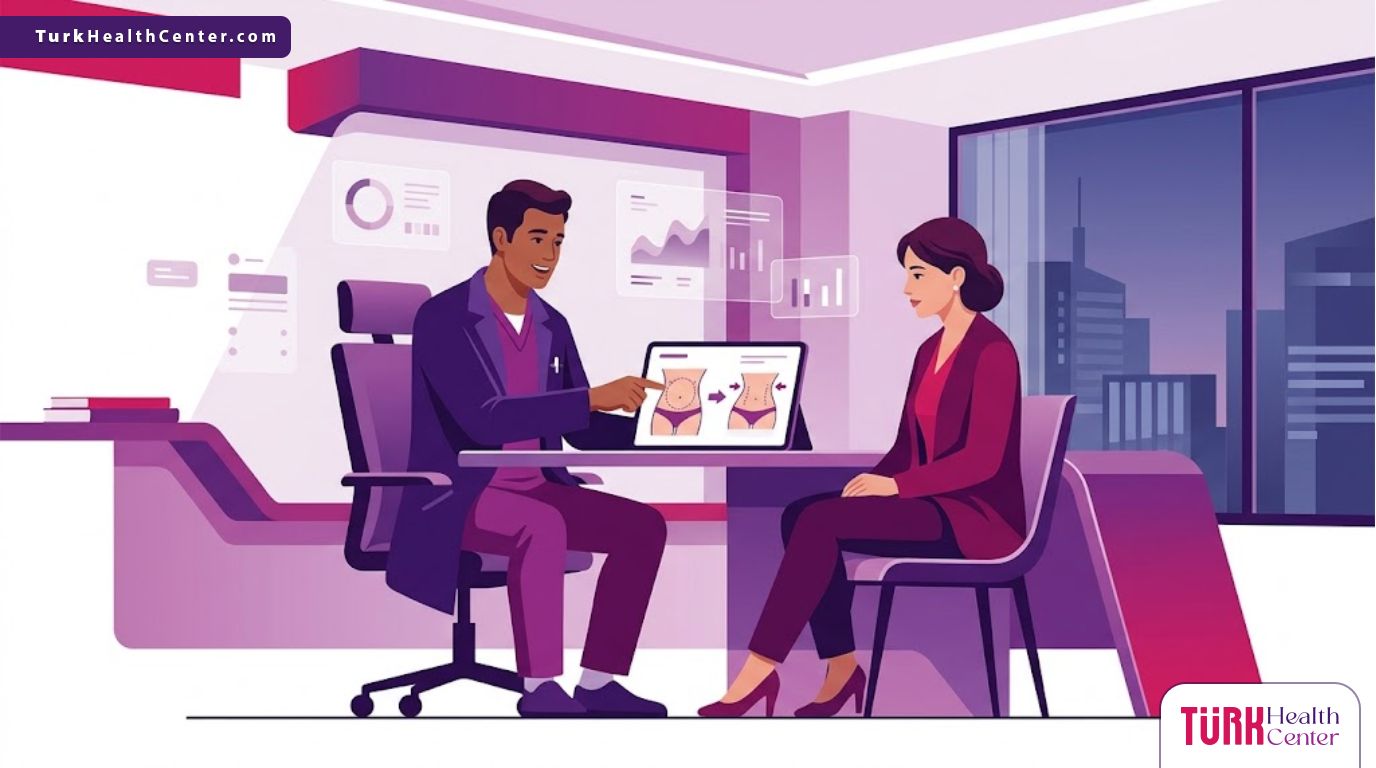 رسم توضيحي يظهر طبيب يشرح تفاصيل تكلفة شد البطن الكامل في تركيا لمريض داخل عيادة فاخرة 