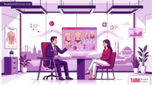 رسوم توضيحية فاخرة لطبيب يشرح إجراءات تكلفة شد الجسم الحزامي في تركيا داخل عيادة عصرية 