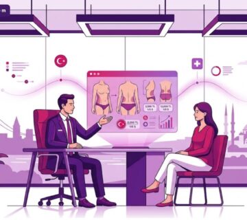 رسوم توضيحية فاخرة لطبيب يشرح إجراءات تكلفة شد الجسم الحزامي في تركيا داخل عيادة عصرية 
